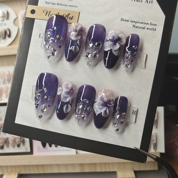 Handmade Other - Elegant Purple 3D Floral With Small Diamonds Handmade Press-On Nails